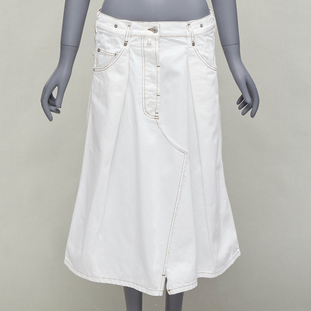 DRIES VAN NOTEN white cotton brown overstitched A-line denim skirt FR38 M