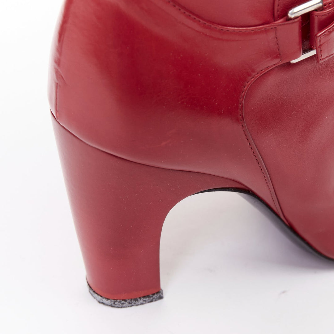 ROGER VIVIER red calfskin leather silver square buckles block heel boots EU37.5