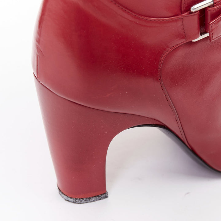 ROGER VIVIER red calfskin leather silver square buckles block heel boots EU37.5