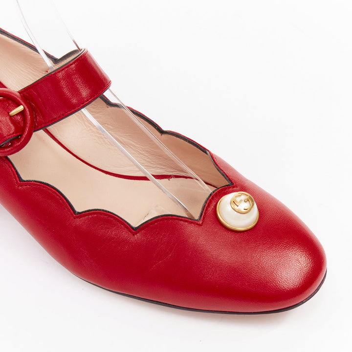 GUCCI Willow red calf leather GG pearl embellished scalloped maryjane shoes EU38
