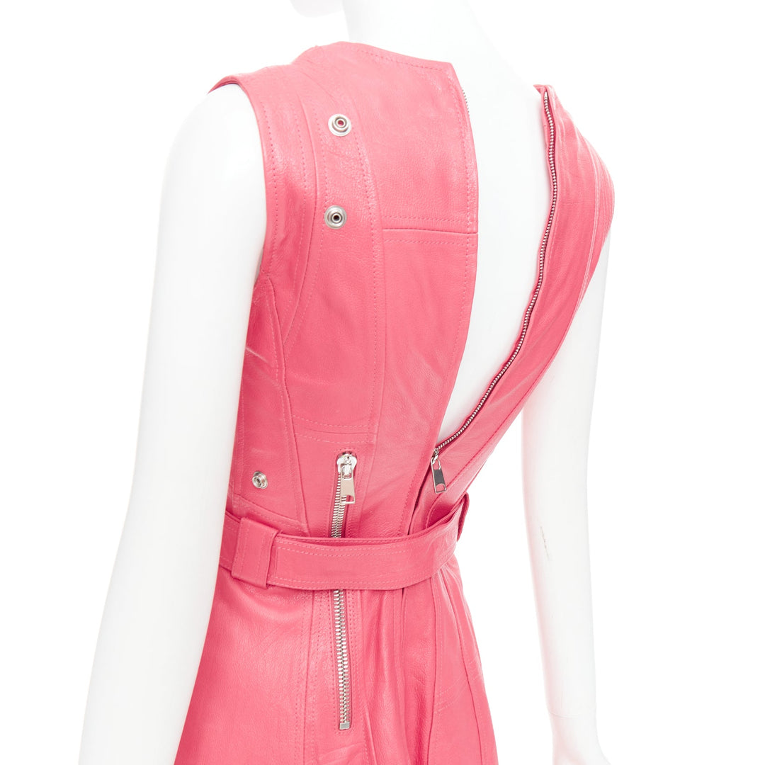 ALEXANDER MCQUEEN 2017 Runway fuchsia pink leather biker zip dress IT36 XXS