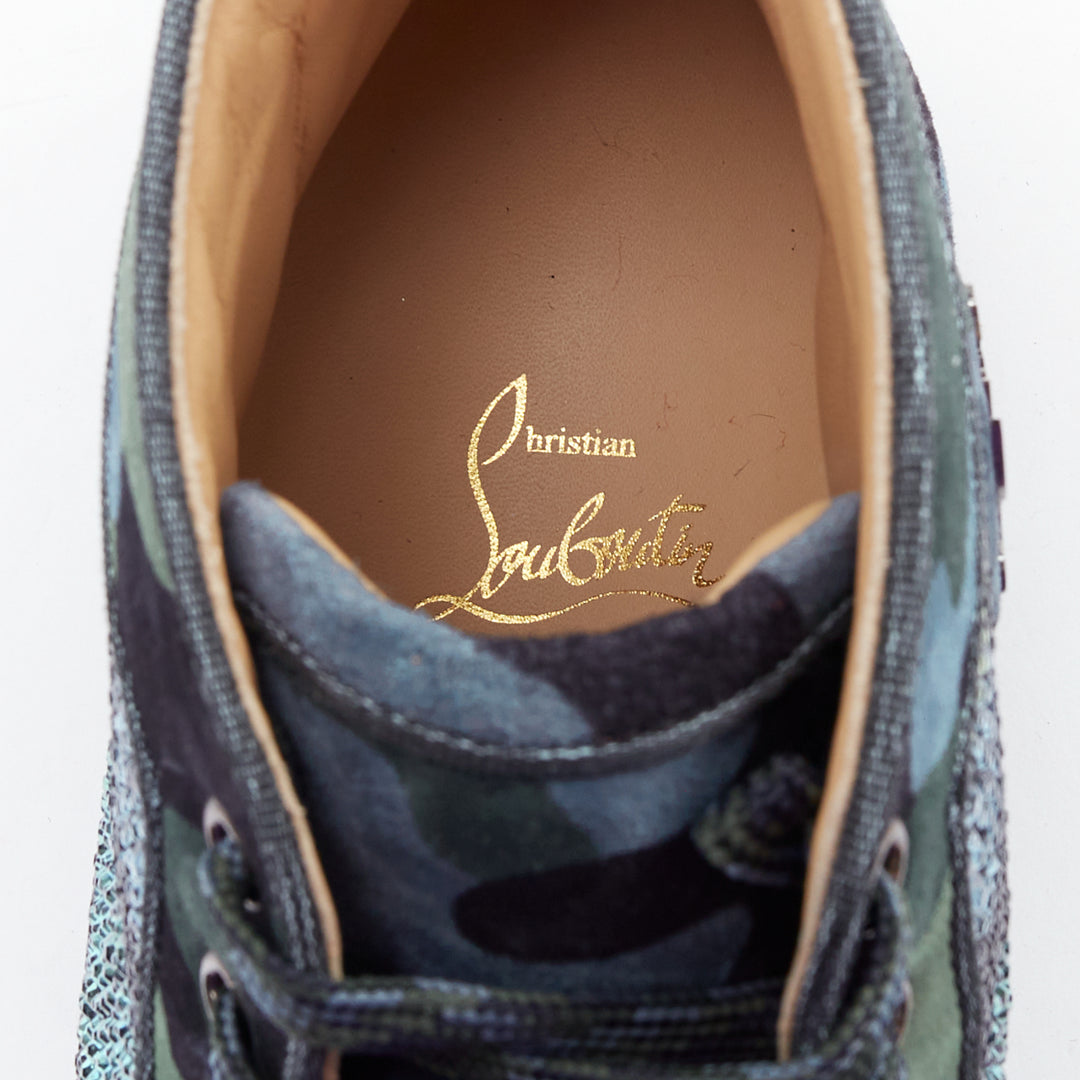 Male mannequin wearing Christian Louboutin Louis Orlato Strass Blue Suede Men Sneaker in Size EU42 | Available at JHROP