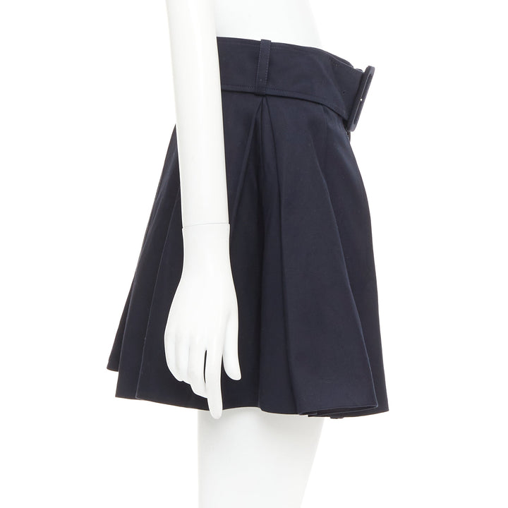 PATOU navy cotton front button box pleat belted flared mini skirt FR38 M