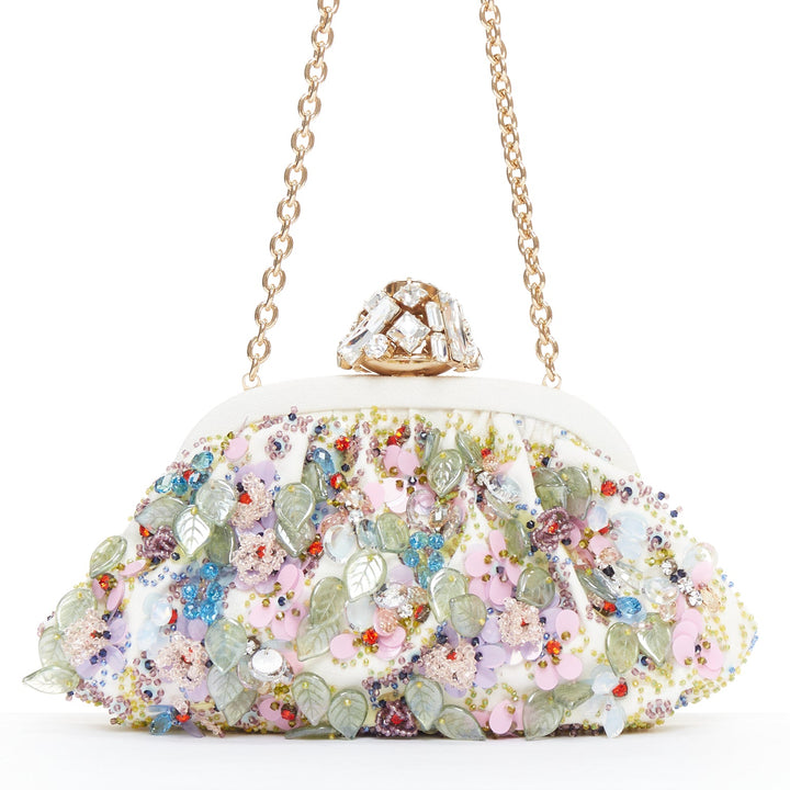 DOLCE GABBANA Pochette cream colorful crystal embellished lock frame clutch bag