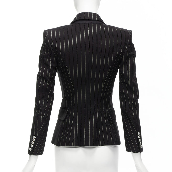 BALMAIN metallic gold striped black cotton blend double breasted blazer FR34 XS