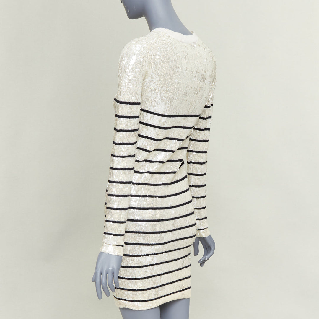 MARKUS LUPFER 100% merino wool cream black striped sequinned knit dress S