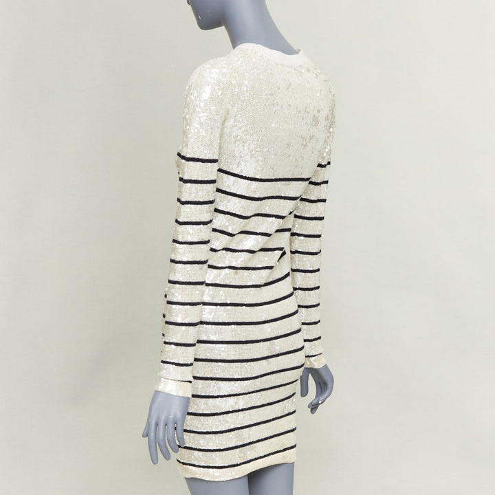 MARKUS LUPFER 100% merino wool cream black striped sequinned knit dress S