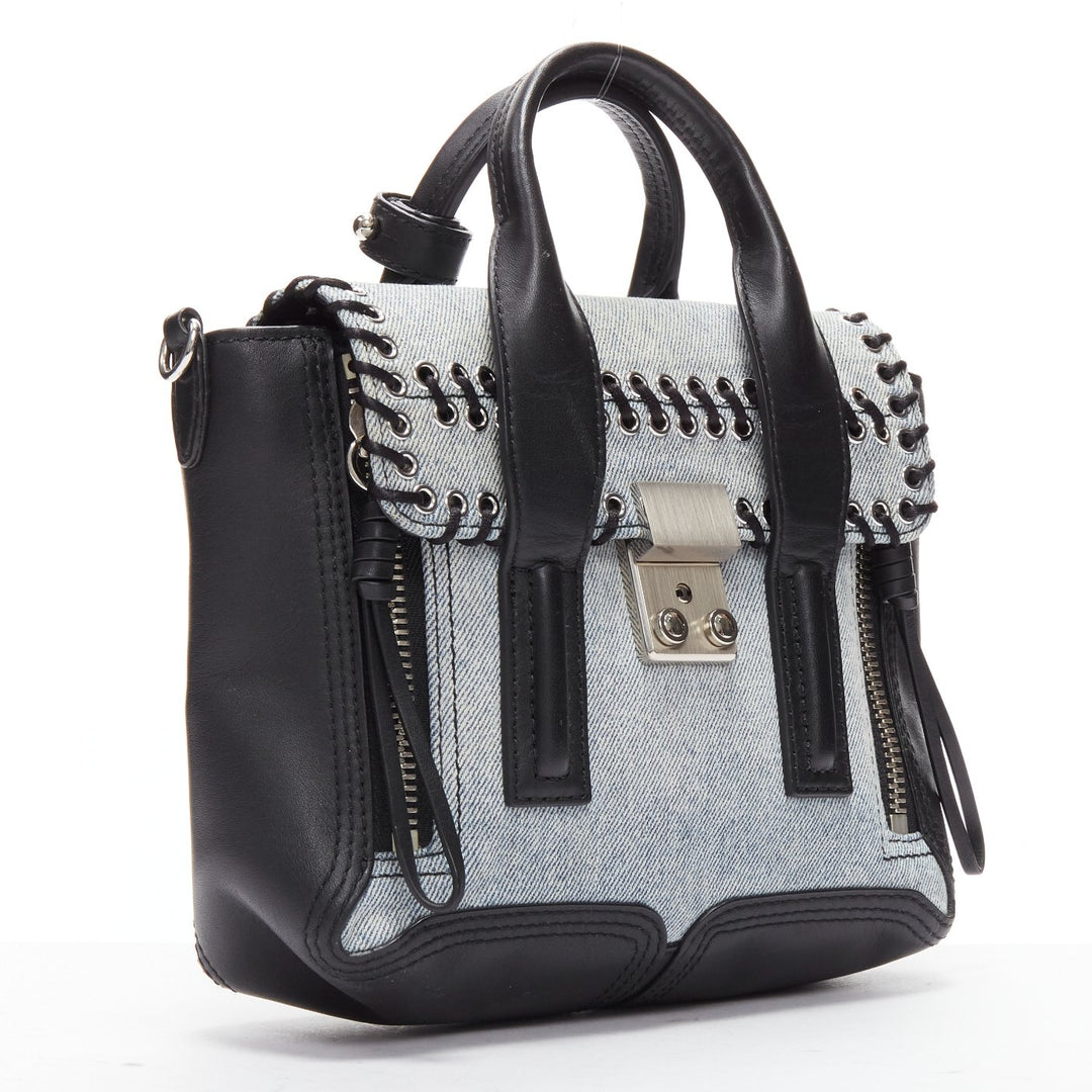 3.1 PHILLIP LIM Pashli washed blue denim whipstitch black leather crossbody bag