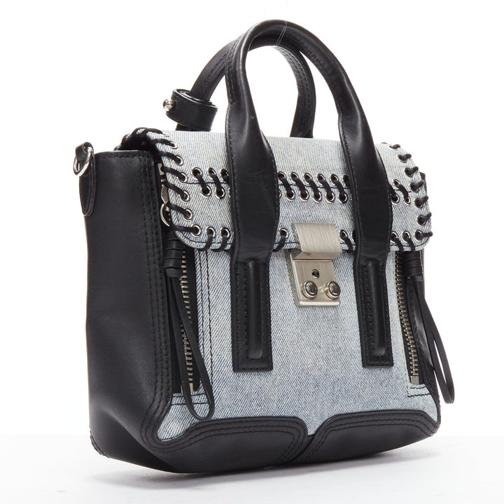 3.1 PHILLIP LIM Pashli washed blue denim whipstitch black leather crossbody bag