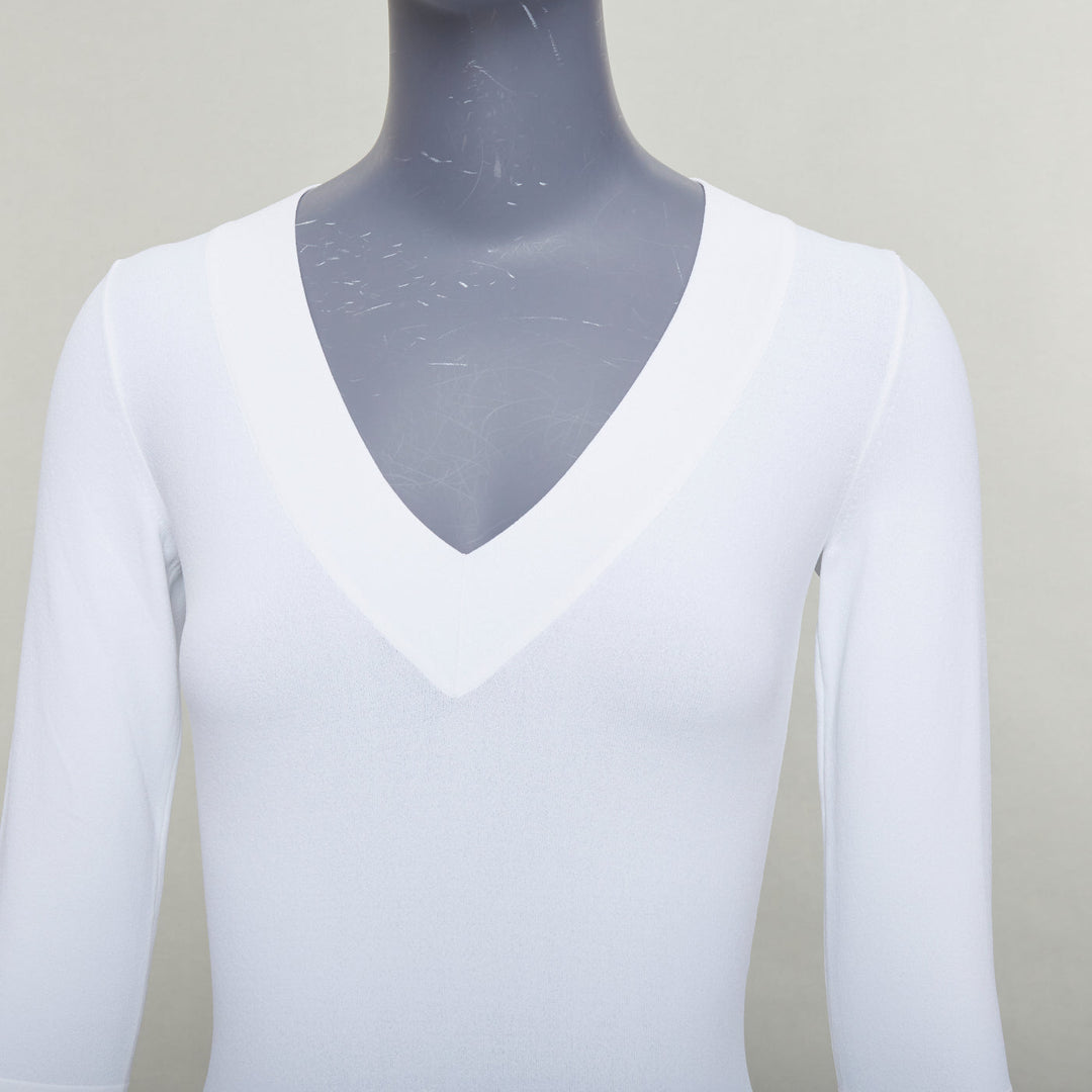 ALAIA white viscose blend V-neck 3/4 sleeves bodysuit top FR36 S