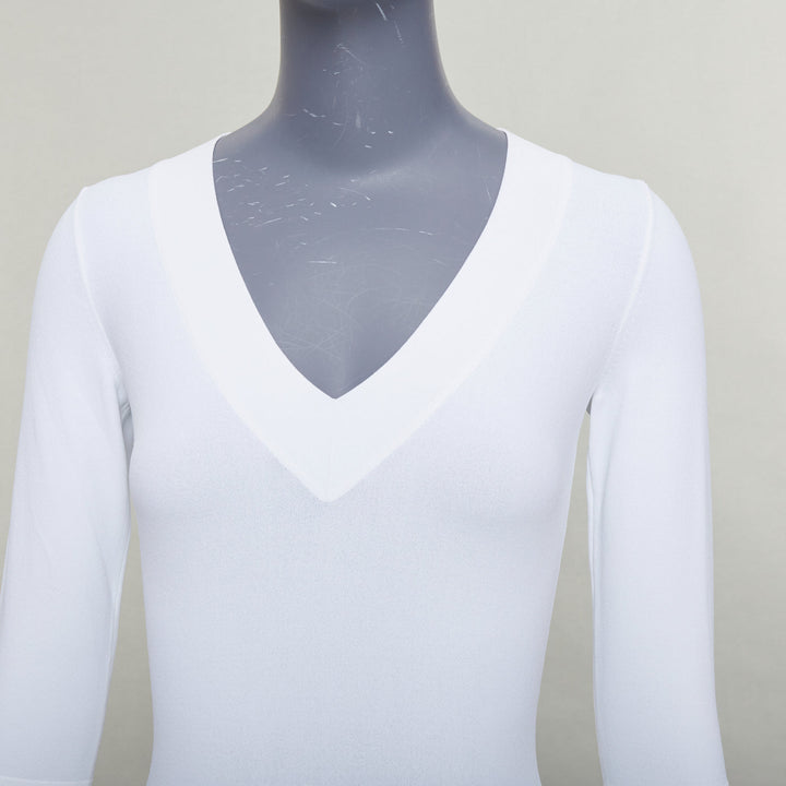 ALAIA white viscose blend V-neck 3/4 sleeves bodysuit top FR36 S
