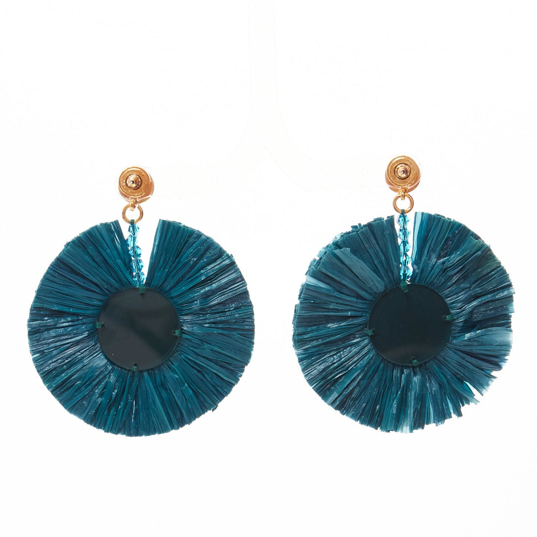 OSCAR DE LA RENTA dark green raffia acrylic plate round pin earrings