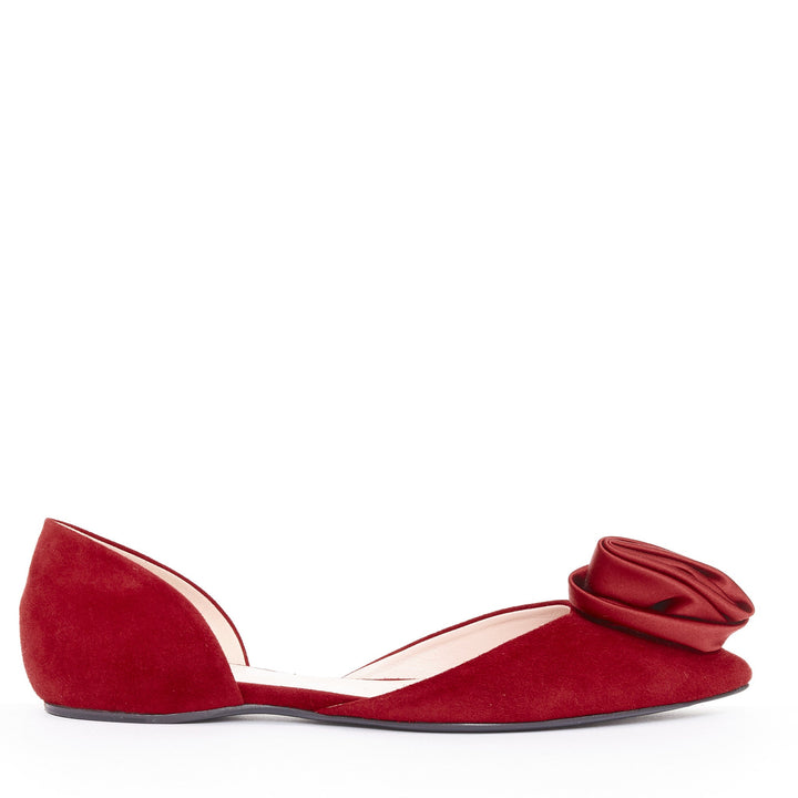 ROGER VIVIER red suede satin rosette d'orsay pointed comfort ballet flats EU37