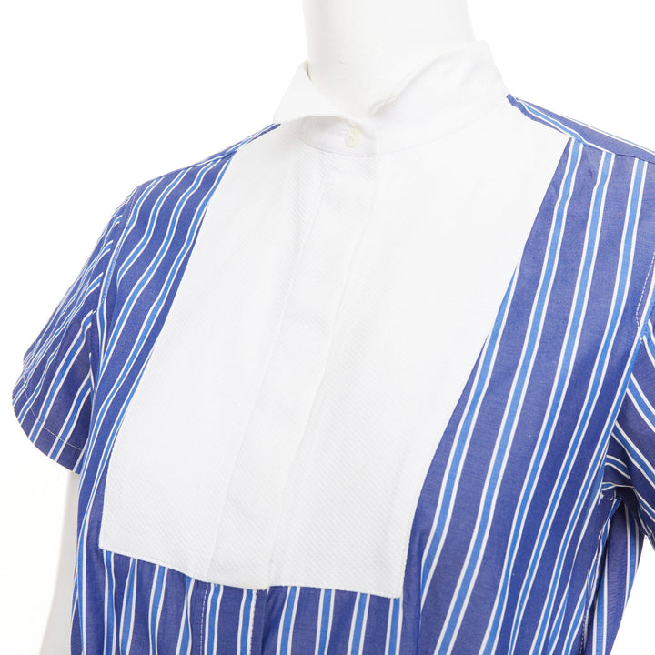 SACAI 2018 blue white navy striped bib front pleated mesh hem hybrid dress JP1 S