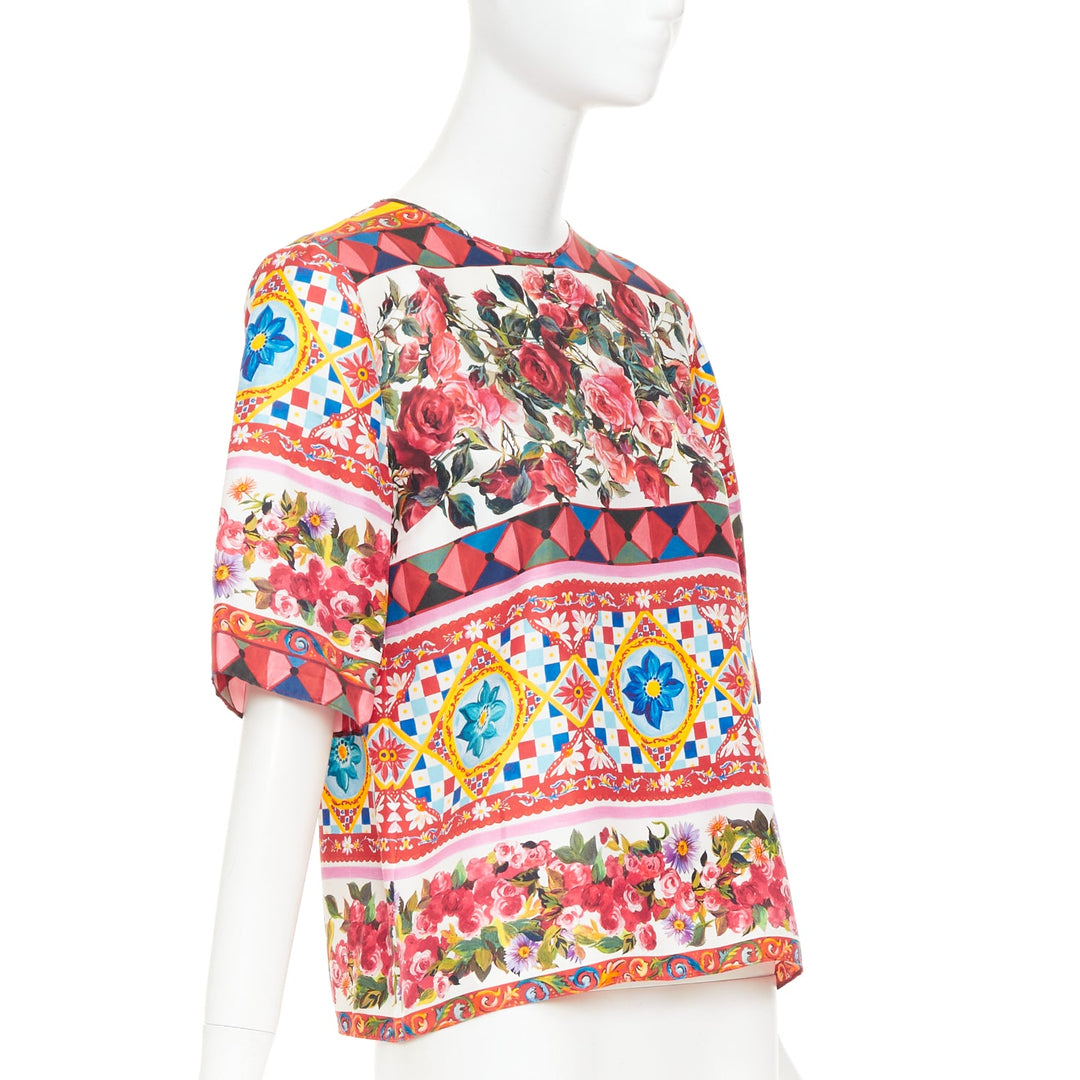 DOLCE GABBANA  Carretto Roses pink multicolor print silk crew top IT38 XS