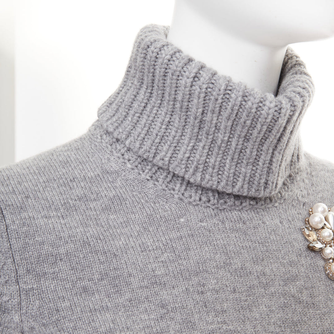 ALEXANDER MCQUEEN 2020 100% cashmere greypearl clear crystal brooch sweater  S