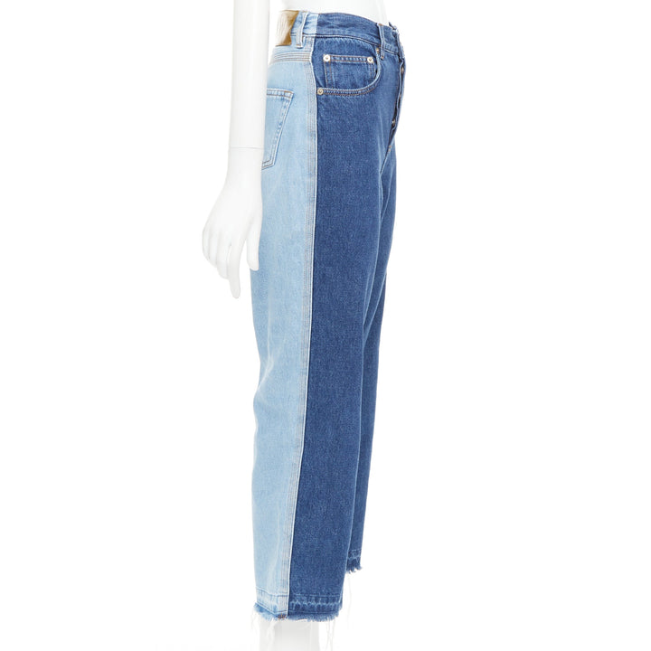 LOEWE blue washed frayed edge mismatch patchwork cropped jeans FR34 XS