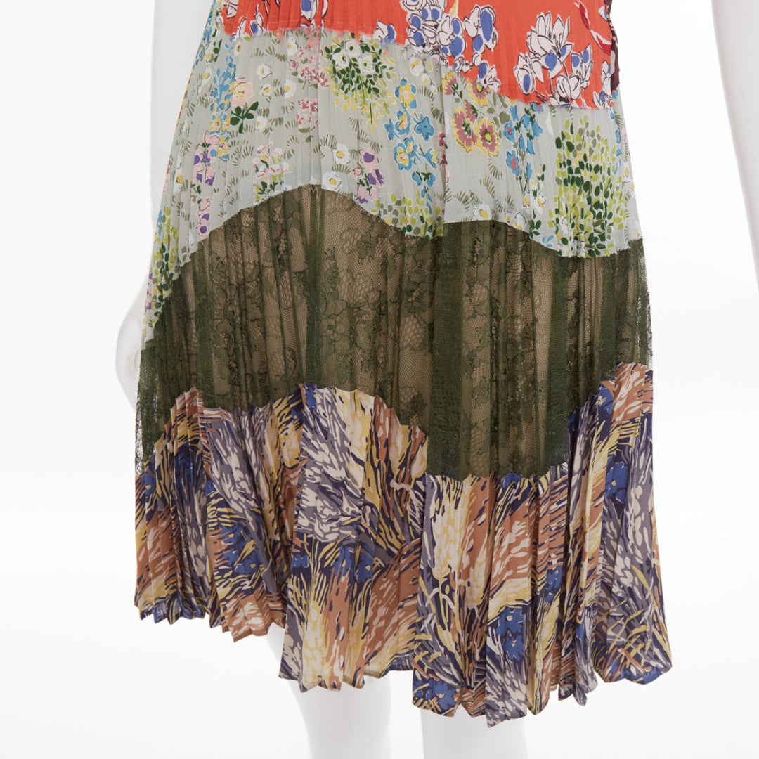 VALENTINO multicolor graphic print leather trim pleated lace insert dress IT40 S
