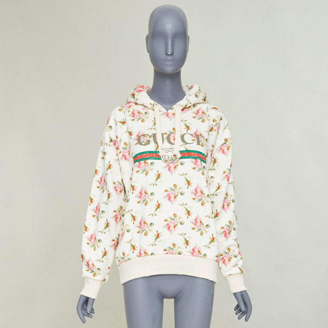 GUCCI 2017 ivory pink floral logo print jersey  hoodie XS