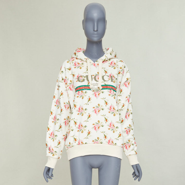 GUCCI 2017 ivory pink floral logo print jersey  hoodie XS