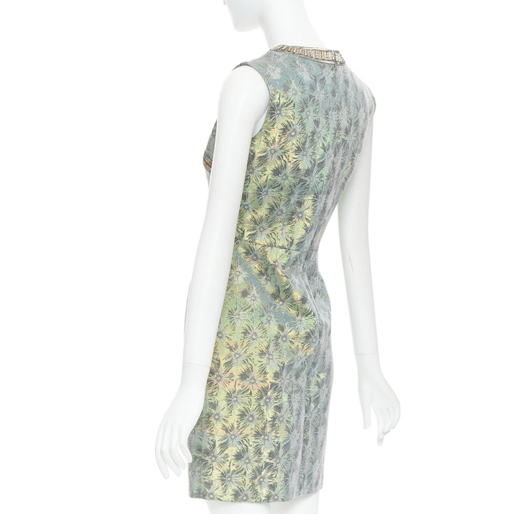 MATTHEW WILLIAMSON green iridescent gold bullet bead sheath dress UK8 S