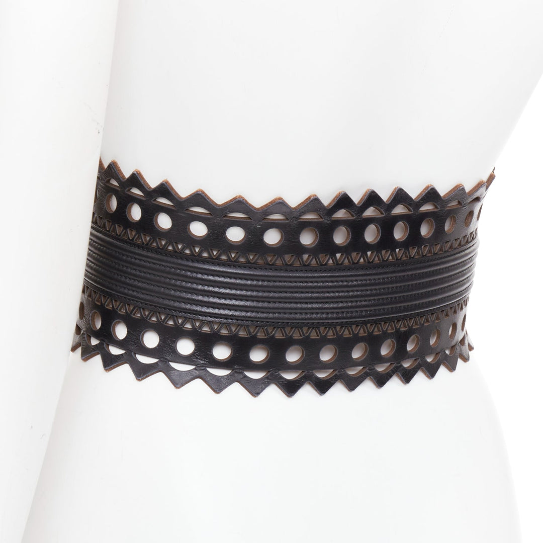 ALAIA Vienne black leather laser cut cinched corset wide belt 65cm