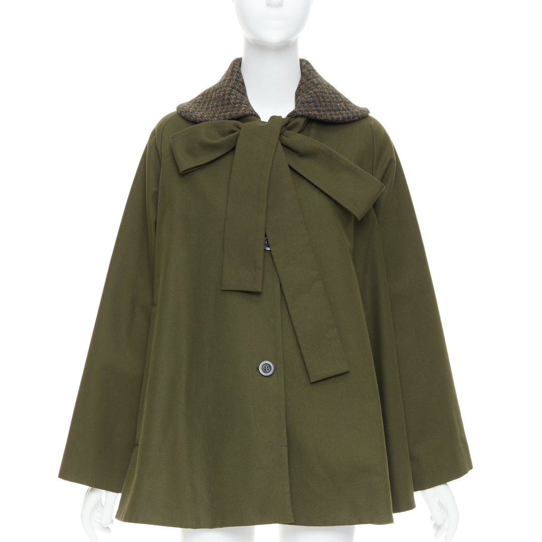 LOEWE khaki green cotton tweed collar bow neck swing coat FR34 XS