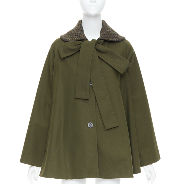 LOEWE khaki green cotton tweed collar bow neck swing coat FR34 XS