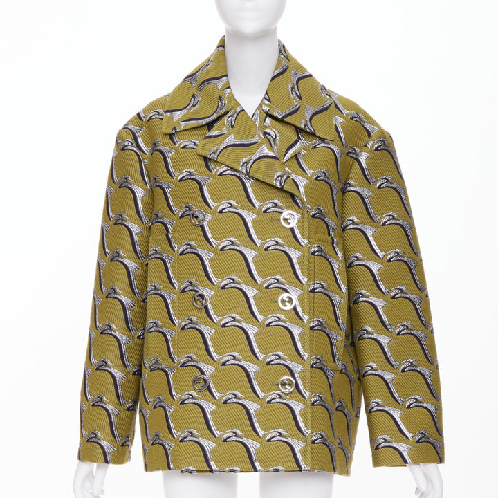 GUCCI 2024 Runway green silver Heron bird jacquard double breast peacoat IT40 S