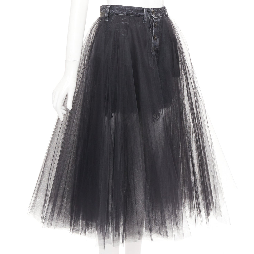 UNRAVEL PROJECT Ben Taverniti black denim tulle layered midi tutu skirt 25"