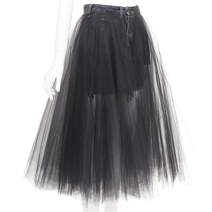 UNRAVEL PROJECT Ben Taverniti black denim tulle layered midi tutu skirt 25"