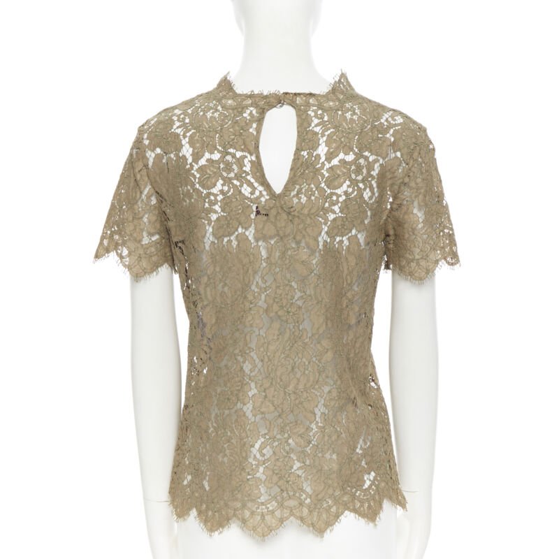 STELLA  MCCARTNEY khaki green floral lace short sleeve t-shirt top XS