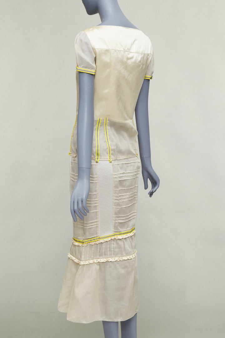 rare MIU MIU 1999 Runway beige technical patchwork satin neon trim dress IT44 L