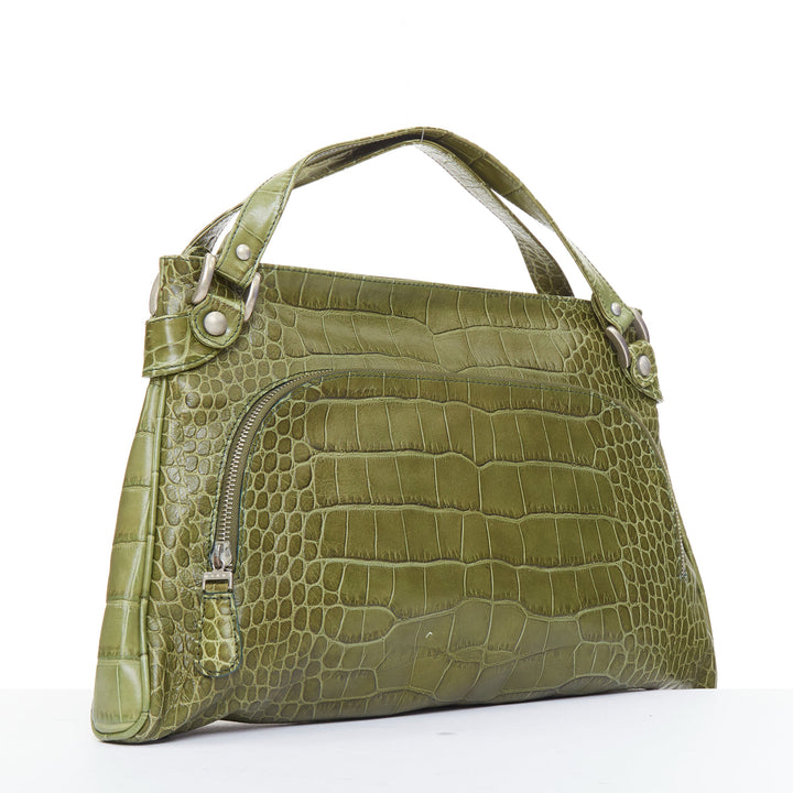 MARNI olive green croc embossed leather front zip pocket satchel bag