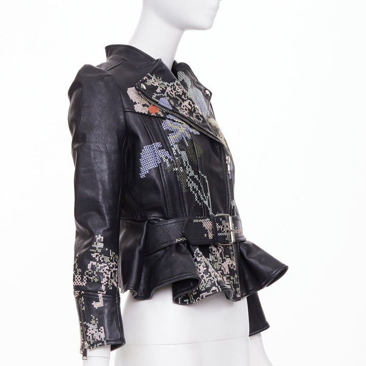 ALEXANDER MCQUEEN Cross Stitch Leather Moto floral peplum jacket IT40 S