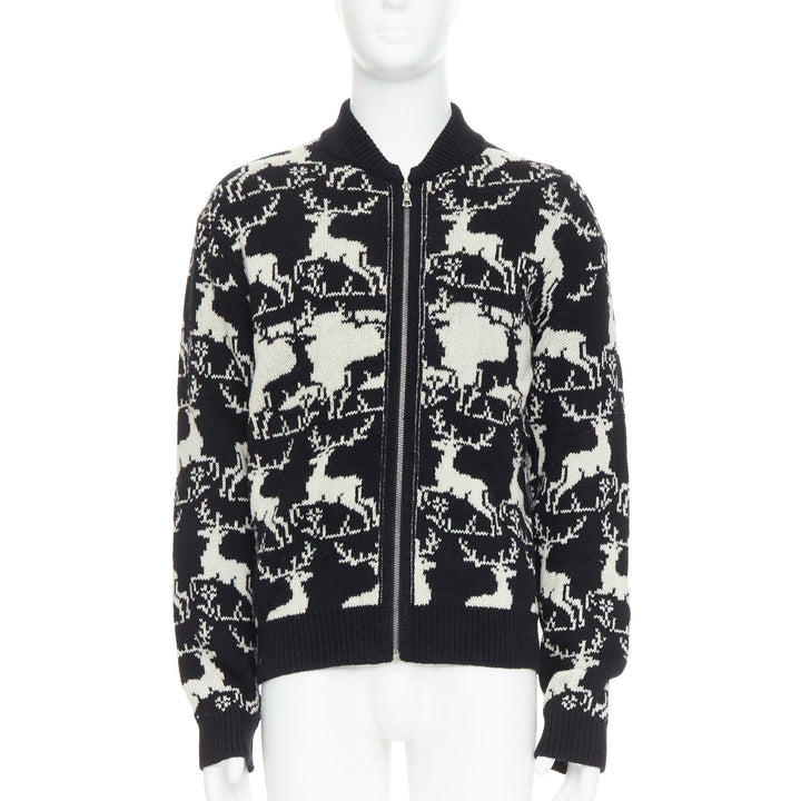 DRIES VAN NOTEN black white wool reindeer intarsia zip up jacket M