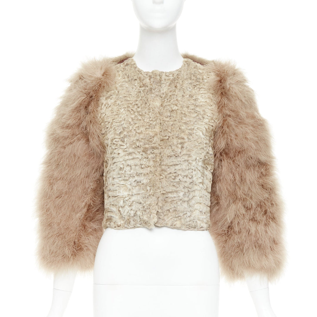 rare GIVENCHY beige Astrakan fur feather sleeves cropped bolero jacket