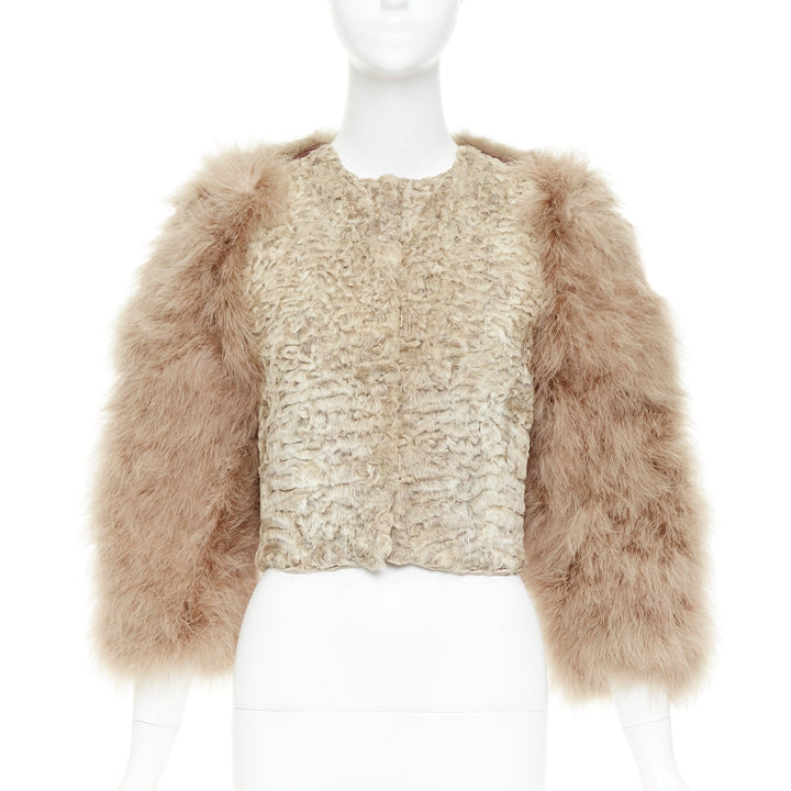 rare GIVENCHY beige Astrakan fur feather sleeves cropped bolero jacket