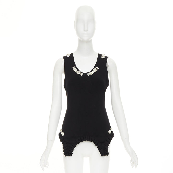 SIMONE ROCHA black knit pearl crystal embellished ruffled sweater vest M