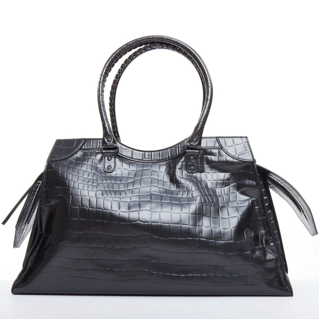 BALENCIAGA 2021 Neo Classic City black matte croc embossed leather satchel bag