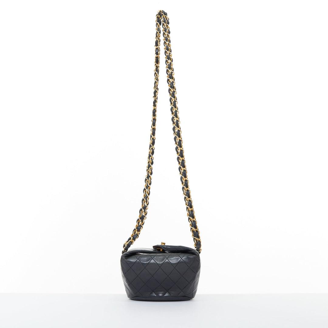 CHANEL 1990 Foldover Diamond Quilted dark grey lambskin mini bucket bag