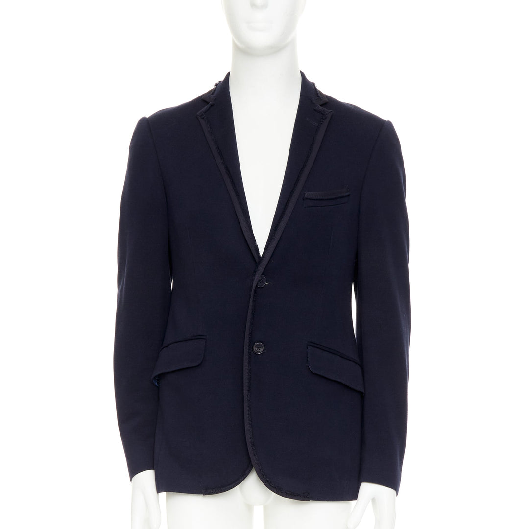 ETRO New Jersey navy cotton raw edge grosgrain paisley lined blazer IT48 M