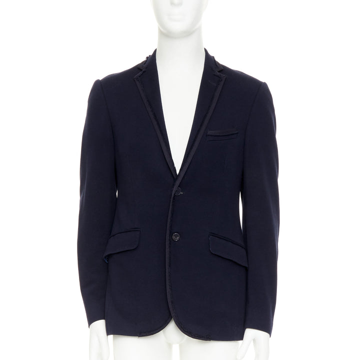 ETRO New Jersey navy cotton raw edge grosgrain paisley lined blazer IT48 M