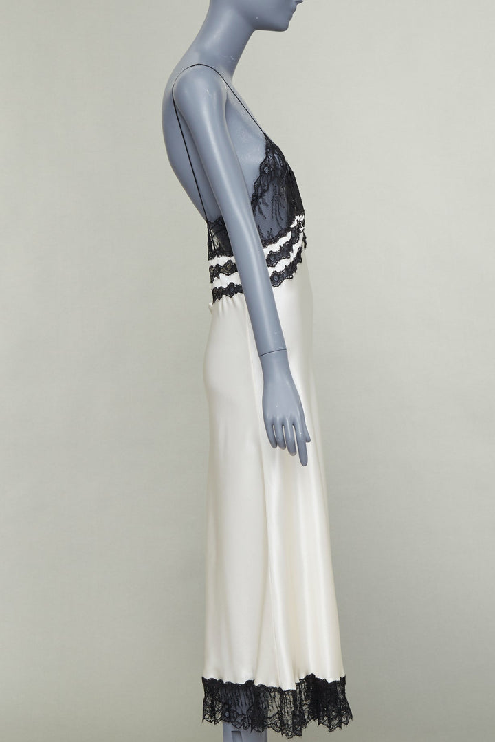 SAINT LAURENT 2022 Runway Bridal black lace ivory silk satin slip dress FR36 S