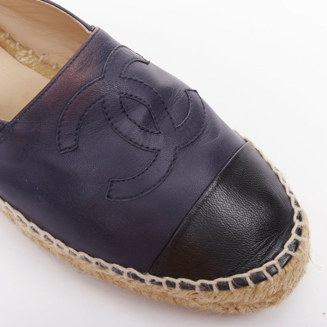 CHANEL navy lambskin leather CC logo applique jute espadrille shoes EU37