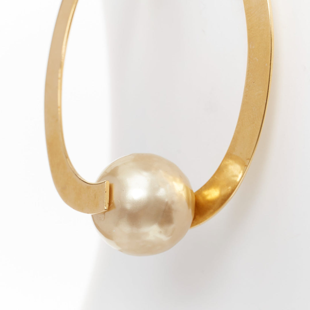 rare OLD CELINE Phoebe Philo Flat Hoop faux pearl brass hoop pin earring Pair