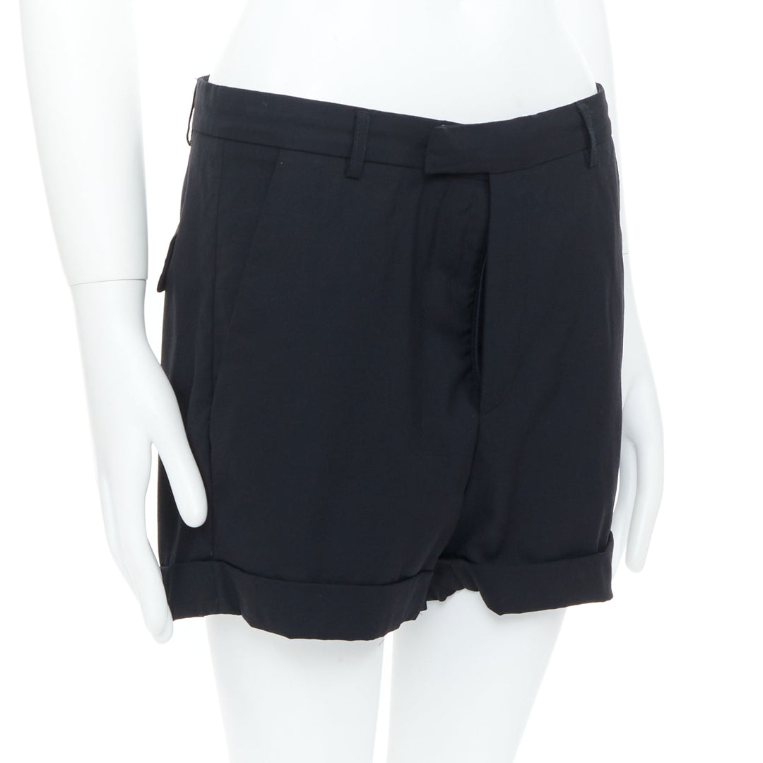 RAF SIMONS 2009 black wool mid rise tailored turn up trouser shorts EU50 L
