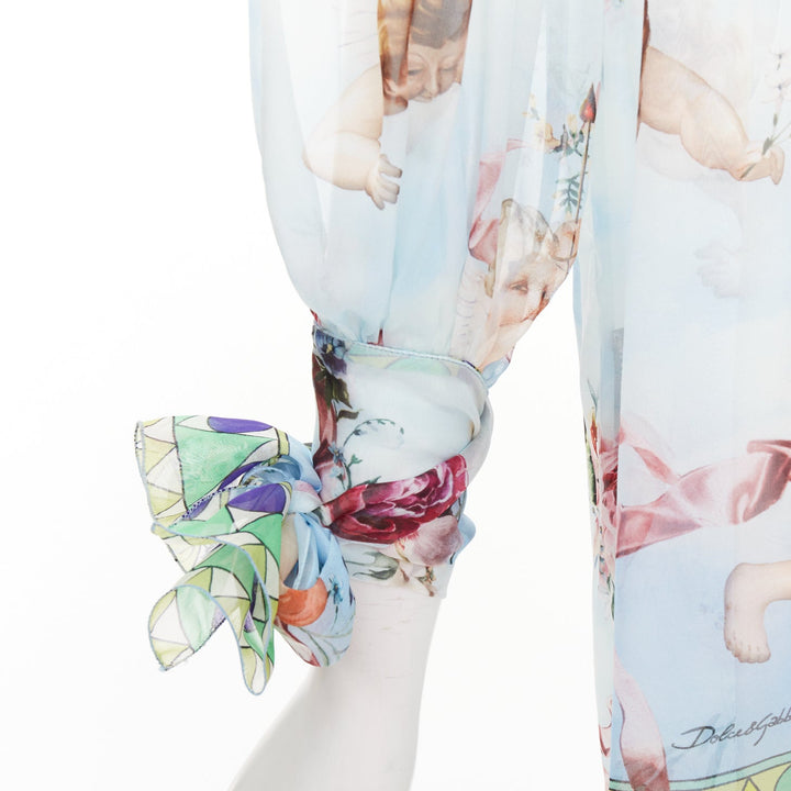 DOLCE GABBANA  100% silk blue Cherub Cupids print pussybow sheer blouse IT40 S