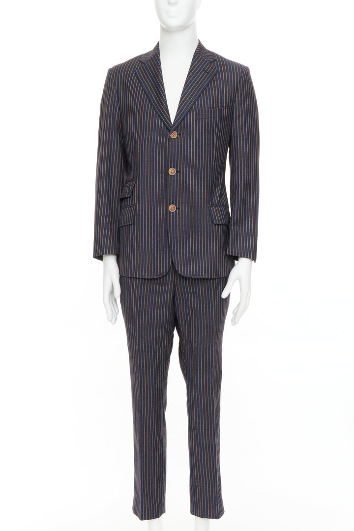 ETRO grey brown multi pinstripe single breasted cropped blazer pants set IT52 XL