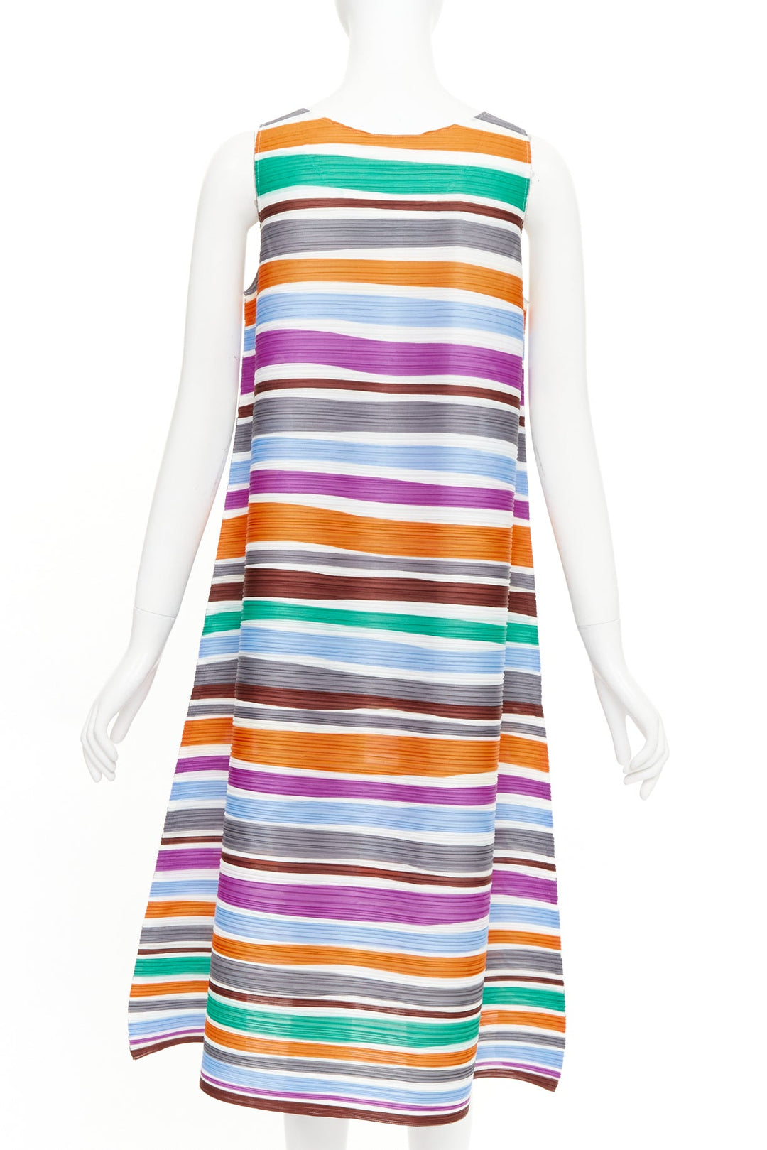 PLEATS PLEASE ISSEY MIYAKE multicolor striped sleeveless trapeze dress JP3 L